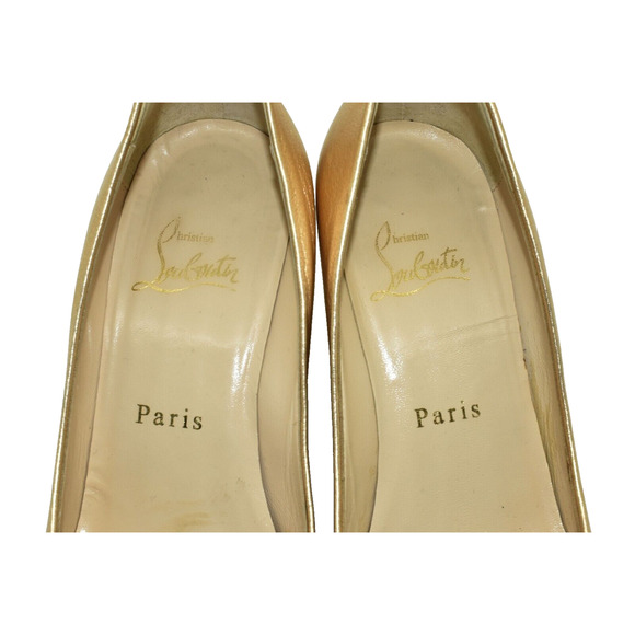 Auth CHRISTIAN LOUBOUTIN Gold Leather Covered Wedge Peep Toe Pumps Size 35.5 - Picture 5 of 8